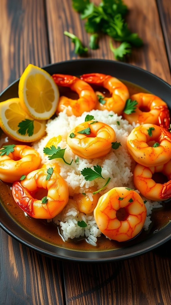 Plateful of garlic butter shrimp served over rice, garnished with parsley and lemon.